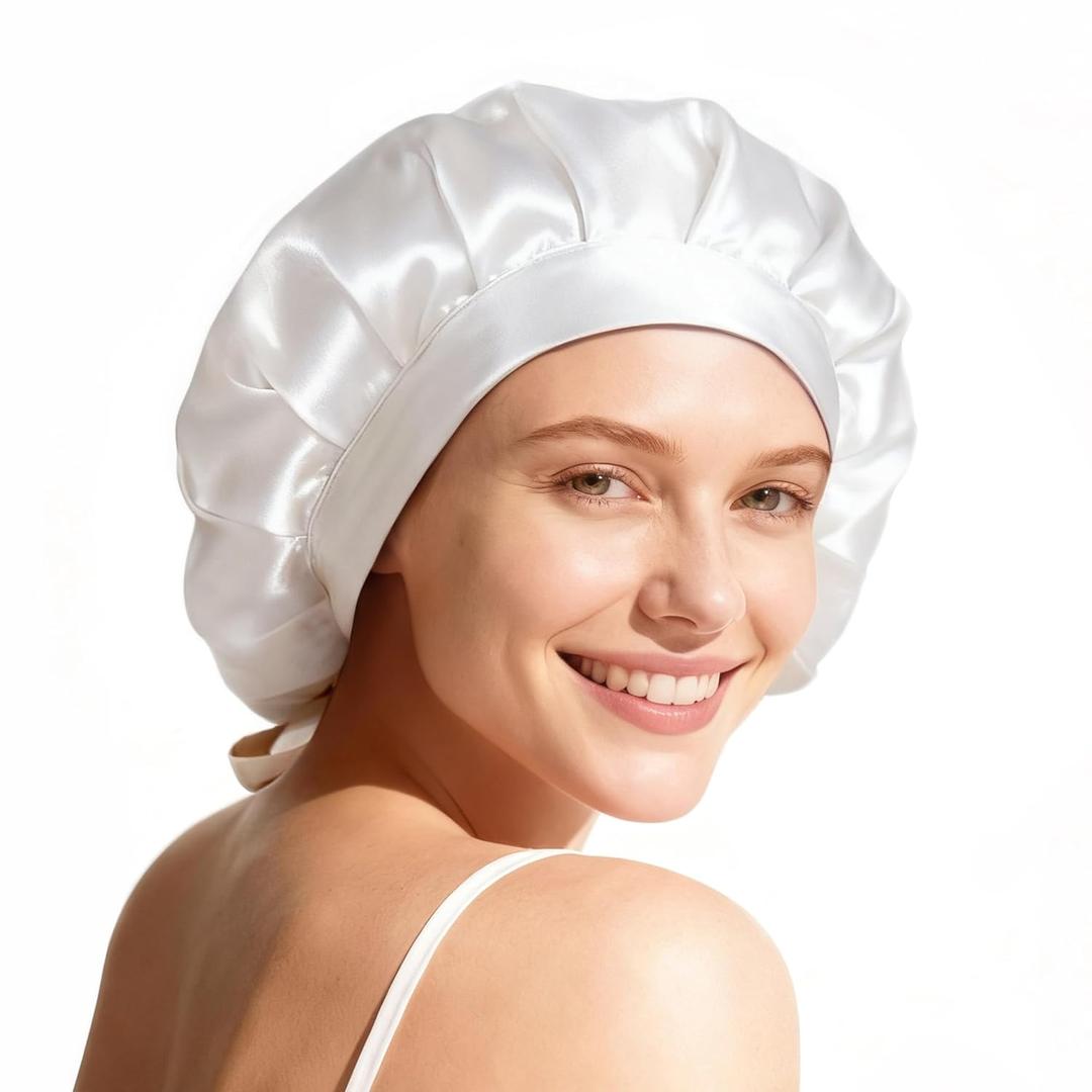 OLESILK Silk Bonnet for Sleeping Women 22 Momme - 100% Mulberry Double Layer Silk, Night Sleep Cap Hair Wrap for Hair Care (Large, Ivory)