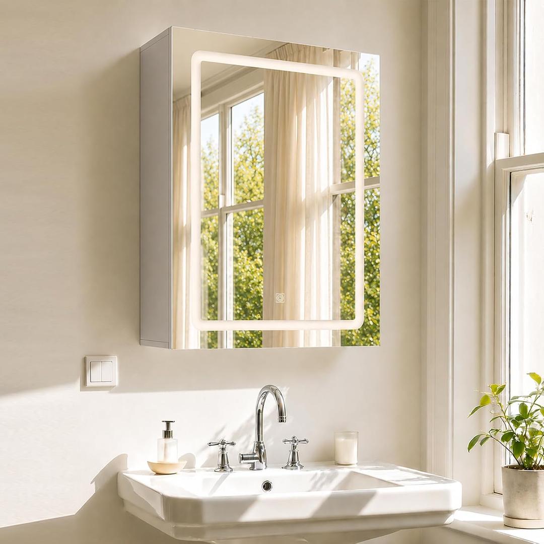 Boswillon Lighted Medicine Cabinet LED Bathroom Mirror with Storage, White | 3 Color Lights&Adjustable Brightness, Recessed or Wall Mount, Adjustable Interior Shelves, For Over Sink, Wood, DTC, 16x20in