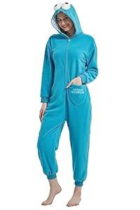 HvnTjvn Cookie Monster Onesie Adult,Animal One Piece Costume Zip Up Unisex Pajamas Sleepwear Homewear for Halloween Christmas Women Men Blue S