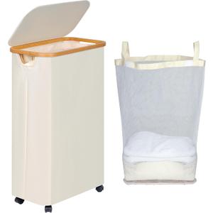 efluky Slim Laundry Hamper with Wheels, Narrow Laundry Basket with Lid and Removable Bag, Aesthetic Dirty Clothes Hamper on Wheels for Laundry Room, Bedroom, Dorm and Bathroom, 75L Beige