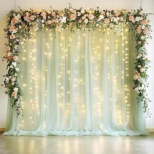 Fomcet Black Tulle Backdrop Curtains with Lights String 10FT X 8FT Sheer Curtain with Lights Tulle Curtains Backdrop for Wedding Birthday Party Baby Shower Photo Shoot (2 Panels 5x8FT), Sage Green 