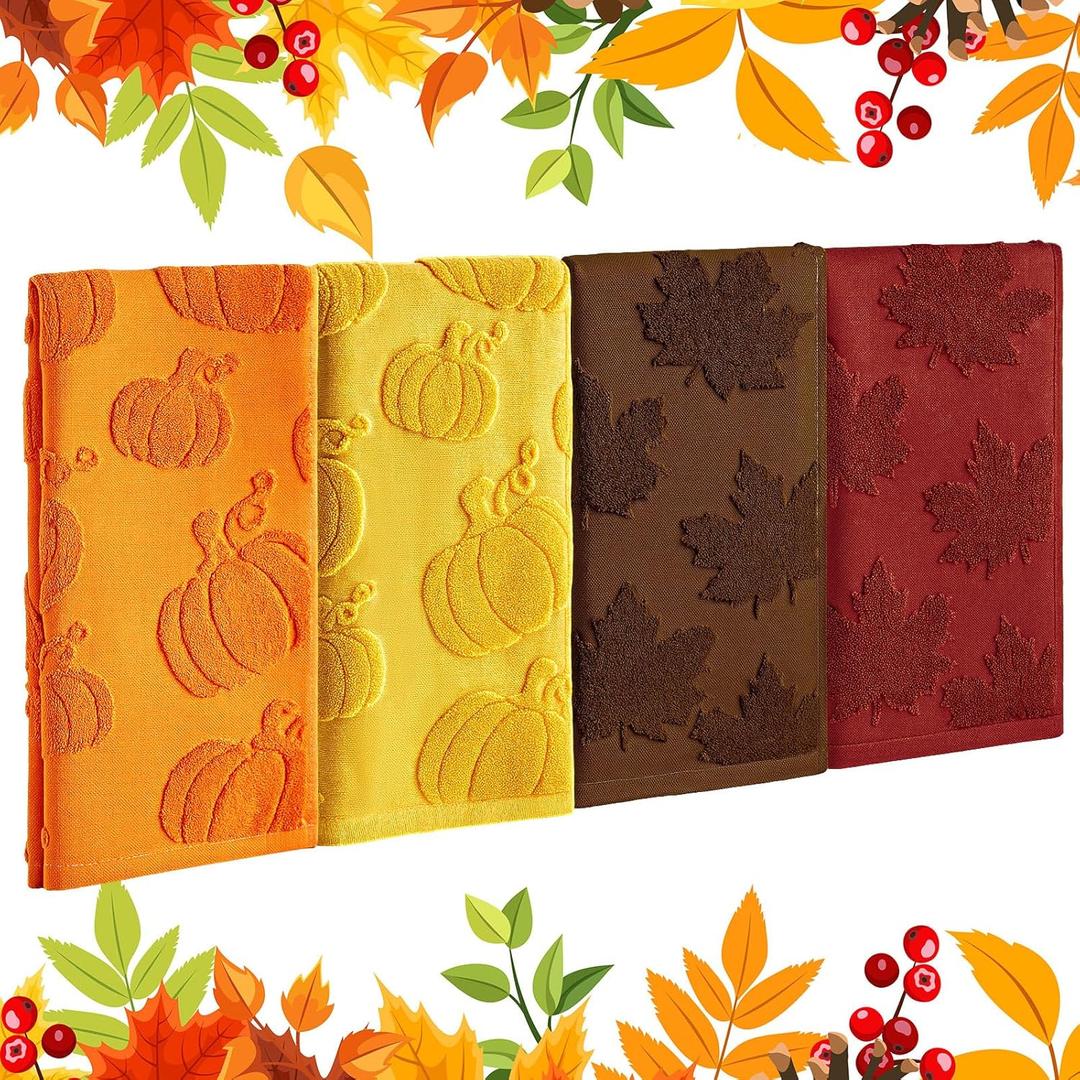 4 Pack 3D Fall Pumpkin Maple Leaf Jacquard Hand Towels for Bathroom Cotton Absorbent Fall Autumn Thanksgiving Orange Yellow Hand Towels for Holiday Decorative 14 X 30 inch