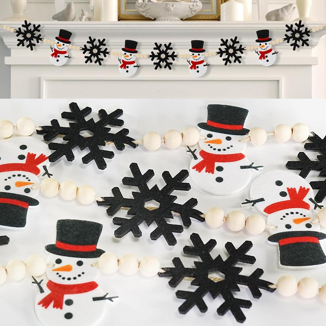 Winter Christmas Felt Garland - 6Ft Snowman & Black Snowflake with Wood Beads - Winter Holiday Christmas Decorations Indoor for Mantle, Wall