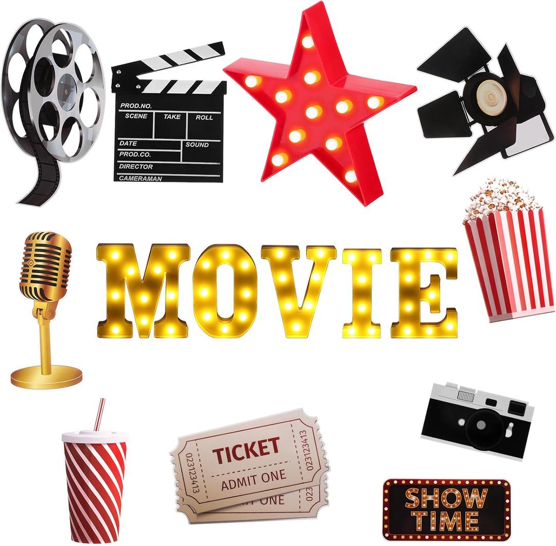 16 Pcs Movie Night Party Decorations 8.6" Movie Light up Letters Sign Film Clapper Board Marquee Star Sign Party Cards Props for Nigh Theater Table Centerpieces Decorations Supplies