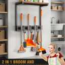 Supforce Broom Holder Wall Mount with Top Wooden Shelf, Heavy Duty Metal Cleaning Supplies Broom Hanger with 4 Slots & 3 Hooks for Laundry Garage Tool Storage Kitchen (Small)