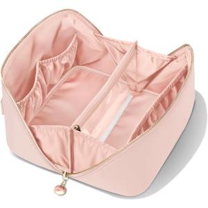 MSTONAL Travel Makeup Bag, Large Capacity Cosmetic Bags for Women, Waterproof Portable Pouch Open Flat Make up Organizer Bag with Dividers and Handle, Toiletry Bag for Essentials (Medium, Pink)