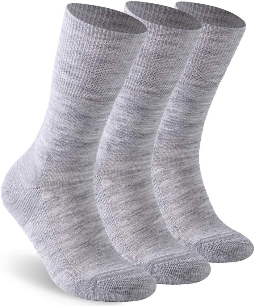 Facool Diabetic Socks for Men Women, Merino Wool Non-Binding Top Crew Socks with Cushion Sole, Seamless Toe 3 Pairs (Large, Light Grey X 3)