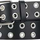 Macoking Grommet Leather Belts for Women, Black Belt For Teens with Chains - Double Studded Holes, Small