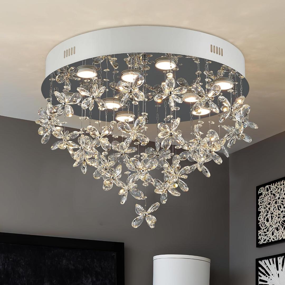 9-Lights Modern Chandelier K9 Crystal Lighting Fixture,20 Inch Round Silver Stainless Steel Flush Mount Ceiling Lights for Bedroom Foyer Hallway Dining Room,GU10 Bulbs Include, D20"