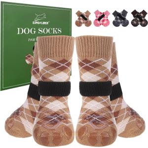EXPAWLORER Dog Socks to Prevent Licking Paws,Dog Shoes for Hot Pavement,4 Pcs Double Sided Anti Slip Dog Socks with Grippers,Dog Booties for Small Medium Large Senior Dogs,British Style,Khaki S