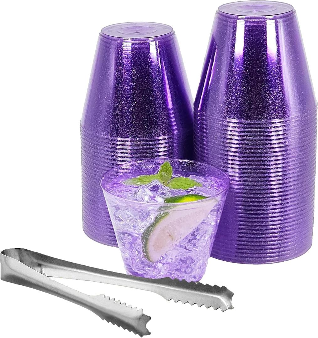 100 Purple Glitter Plastic Cups and 1 Silver Ice Tong Set - 9 Ounce Disposable Cocktail Glasses - Plastic Wine Cups - Purple Party Decorations - Purple Party Supplies