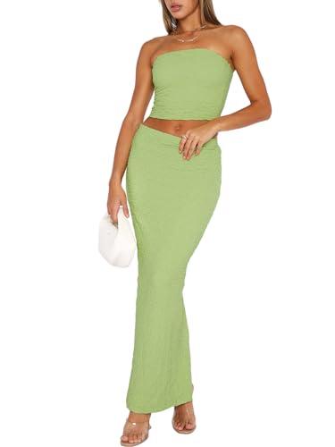 korssyee Two Piece Skirt Outfits for Women Sleeveless Tube Tops Bodycon Sexy Maxi Dress 2 Piece Summer Y2K Vacation Set Yellow Green, Small