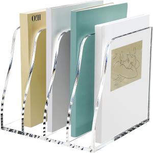 SANRUI Acrylic Desk File Organizer, 4 Vertical Compartments Clear Magazine File Holder Workspace Sorters, Folder Rack for Office Accessories Organization Storage