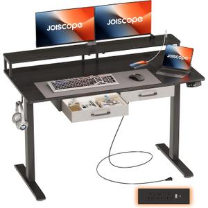 JOISCOPE 48'' Height Adjustable Electric Standing Desk with Display Riser, Drawers, Power Outlet (3AC, USB, Type-C) & Memory Height, Gaming Study Drafting Sit Stand Desk for Home Office Bedroom, Black