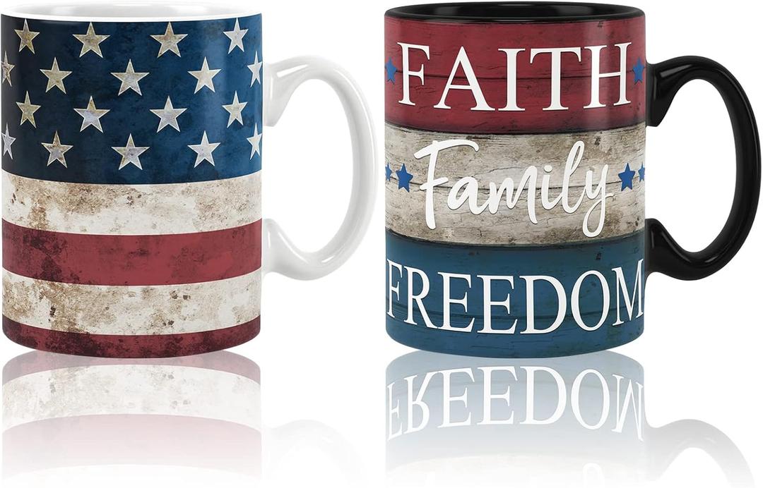 Whaline 2Pcs Patriotic Mugs 4th of July Ceramic Cups Vintage American Flag Stars Stripes Print Drinking Mugs Coffee Cups for Independence Day Home School Office Table Centerpieces Housewarming Gift