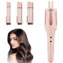JAMIEWIN 3 in 1 Automatic Curling Iron, Hair Curlers with 3 Curling Barrels (1.1" - 1.26" - 1.57"), Rotating Curling Iron with 3 Temp, 2-Way Rotation, 10S Fast Heating, Anti-Scald, Dual Voltage, Pink