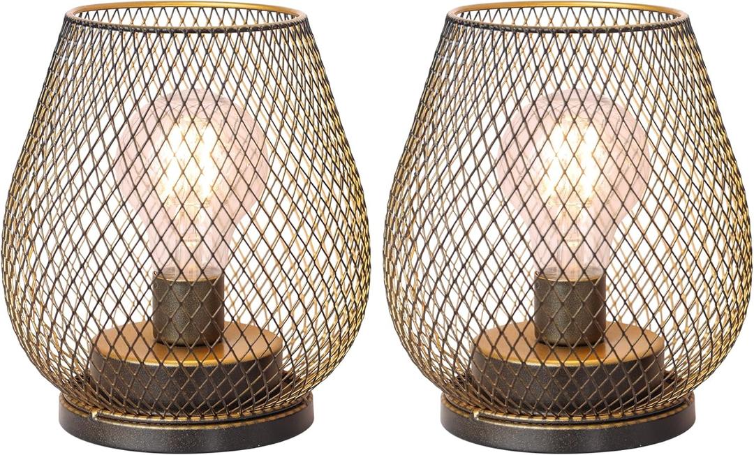 DECORKEY Set of 2 Battery Operated Lamp LED Table Lantern, Golden Metal Cage Cordless Lamps with LED BulbVintage Decorative Outdoor Lantern for Weddings, Parties, Patio, Events for Indoor Shelf Decor