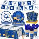178PCS Hanukkah Menorah Party Decorations Set with Plates Napkins Cups Banner Tablecloth Cutlery Disposable Blue and White Dinnerware Bulk Supplies for Festival Indoor Outdoor Celebrations