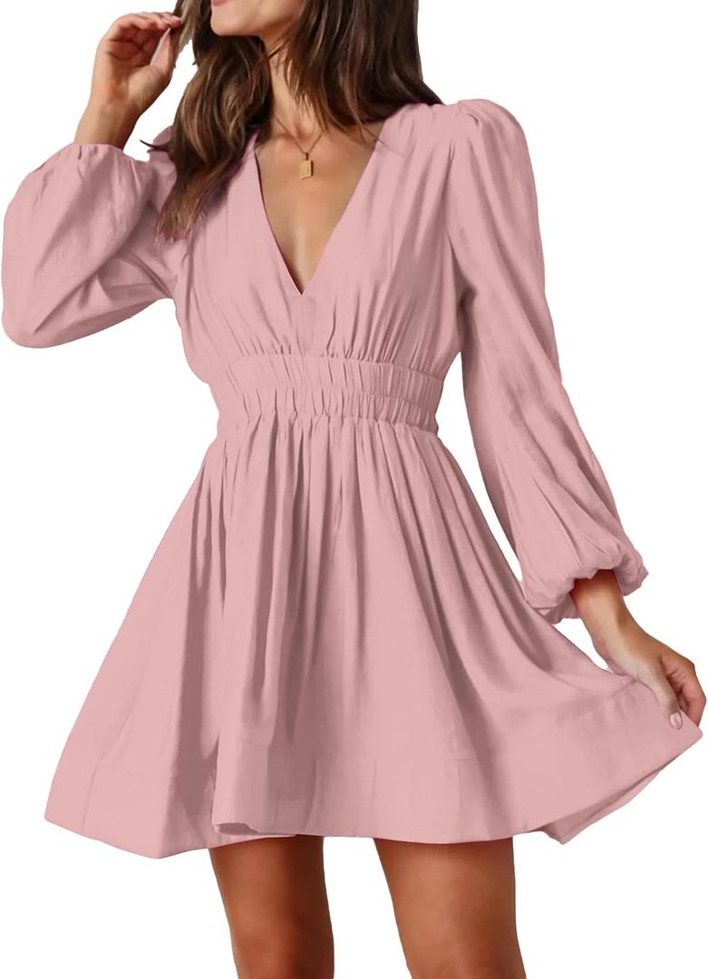 FAIABLE Mini Deep V Sexy Long Sleeve Dress for Women A-line High Waisted Casual Flowy Dress for Cocktail Wedding Guest, Medium