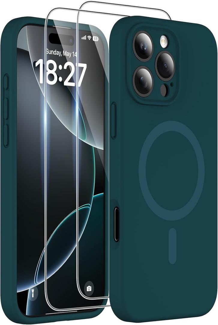 Magnetic for iPhone 16 Pro Case, Compatible with MagSafe, Two 9H Screen Protectors, Full Camera Protection, Military-Grade Protection Silicone Phone Cover for 16 Pro 6.3",Blackish Green