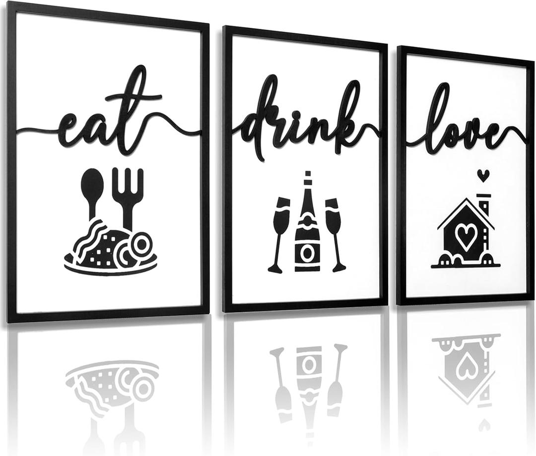 3D Wood Dining Room Wall Decor, Framed Kitchen Pictures Wall Art for Dining Room Wall Decor(Ready to Hang, 16x24 inches, Set of 3, Framed)