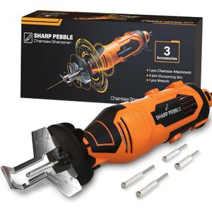 Sharp Pebble Electric Chainsaw Sharpener Kit - Comes with Chain Saw Sharpener Tool, 4 File Size Sharpening Wheel Bits, Angle Attachment, Wrench & eBook.