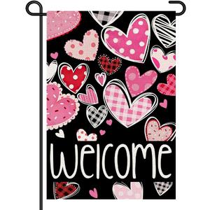 Valentines Day Welcome Garden Flag 12x18 Inch Double Sided Mini Flags, Cute Pink and Red HeartsTasteful Yard Sign for Front Porch, Lawn, Yard, Outdoor Decor DF965