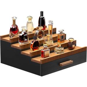 Wooden Cologne Organizer for Men 4 Tier of Perfume Display Holder of Drawer & 2 Hidden Compartments Larger Storage Space Mens Perfume Organizer Shelf Stand,Gift for Man (4T-Black Walnut)
