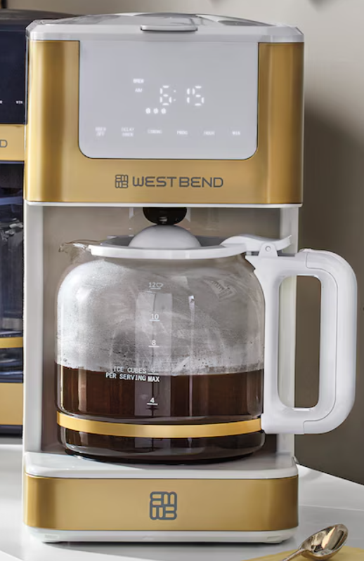 West Bend Drip Coffee Maker Brews Hot or Iced, Programmable with Brew Strength Selector Auto Shut-Off and 6 Functions Permanent Mesh Filter and Glass Carafe, 12-Cup