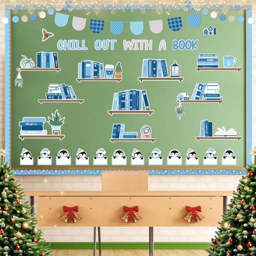 160Pcs Winter Bulletin Board Decorations Set, Bookshelf Penguin Paper Cutouts Chill Out with a Book Bulletin Board Border Trim Reading Theme Winter Classroom Chalkboard Supplies Wall Door Decor