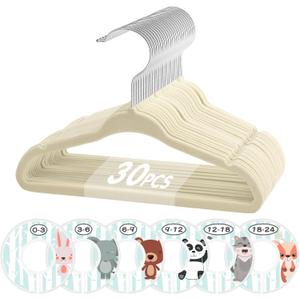 VIS'V Baby Hangers, 11 Inch Velvet Kids Hangers with 6 Pcs Clothes Size Dividers, Infant Toddler Nursery Closet Organization, Non Slip, Beige, 30 Pcs