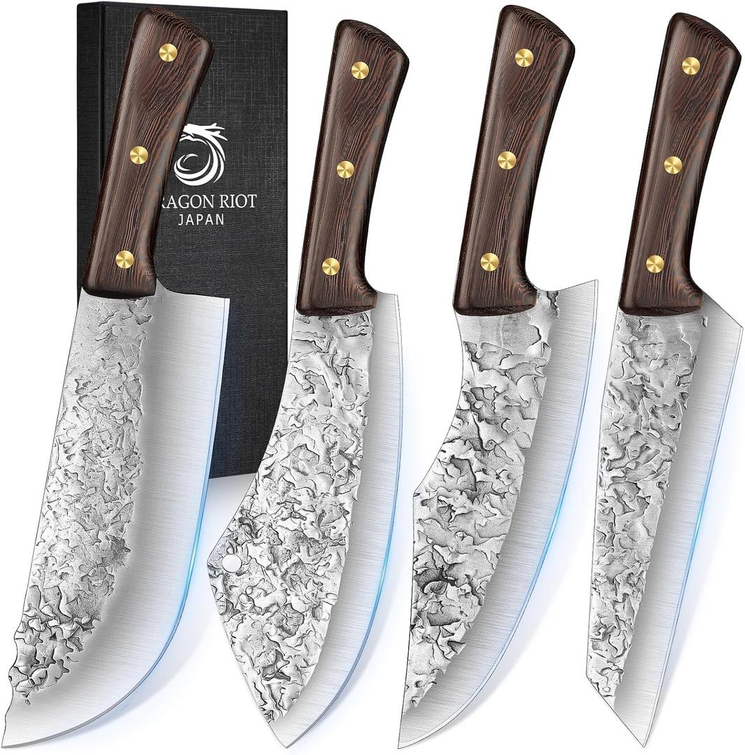DRAGON RIOT Chef Butcher Knife Set for Meat Cutting, 4 Pcs Japanese Forged Chef Knives Set for Men and Women Gift for Men