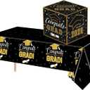 2 x 2026 Black Gold Graduation Party Decor Set - 1 Congrats Grad Plastic Tablecloth, 1 Card Box for Graduation Party Supplies