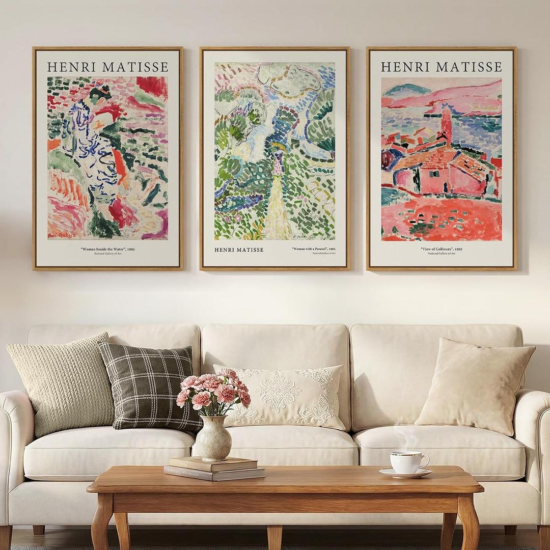 Framed Abstract Matisse Wall Art Set of 3, Vintage Colorful Landscape Canvas Prints Artwork for Walls, Classical Matisse Paintings Pictures for Living Room, Bedroom, Hallway and Office, Total Size 30x60, 20"W x 30" H x 3Pcs