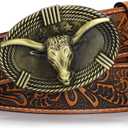 Cowboy Belts for Men Women Leather Mens Western Cowboy Belt Buckle | Genuine Leather, Embossed Western Belt, Zinc Alloy Bull Buckle, Adjustable, for Halloween Rodeo Concert Costume Party, 110 CM
