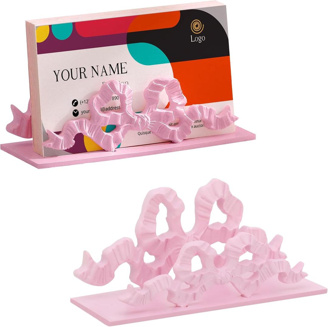 Faccito Resin Pink Bow Business Card Holder Business Card Organizers Office Gift for Women Postcard Holder for Office Tabletop Desk Accessories