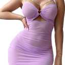 ADOME Lingerie for Women Sheer Ruched Bodycon Mesh Babydoll Halter Lingerie Sexy Chain Dress (Purple, M)
