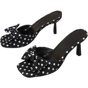 MakeMeChic Women's Polka Dots Bow Knot Heeled Sandals Square Toe Slide Shoes Black and White 7