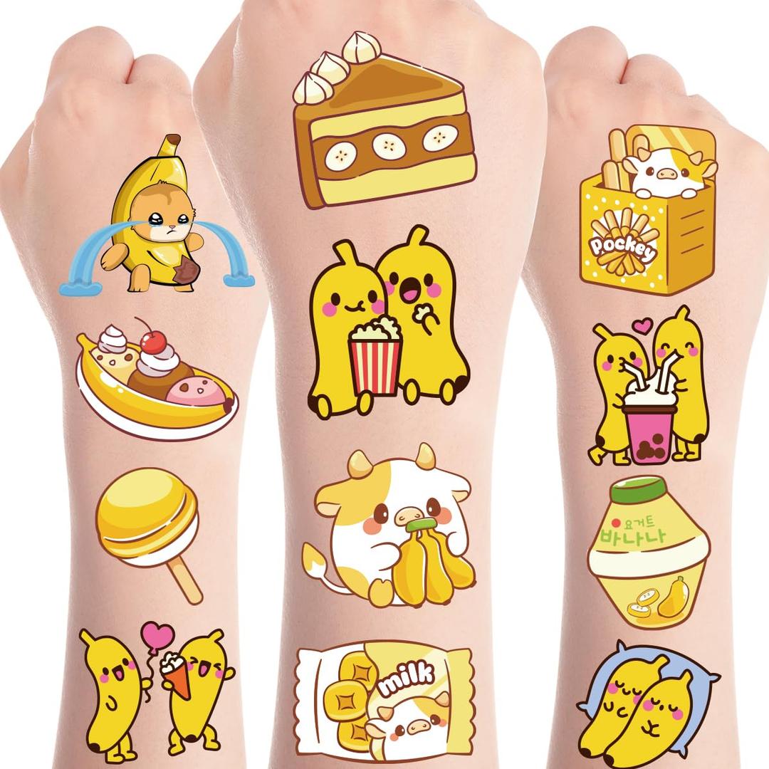 2 x Cute Banana Temporary Tattoos - 96 Pcs Banana Animals Tattoo Stickers for Kids, Birthday Party Favors Goodie Bag Fillers Supplies Decorations, School Prizes Rewards Gifts (8 Sheets)