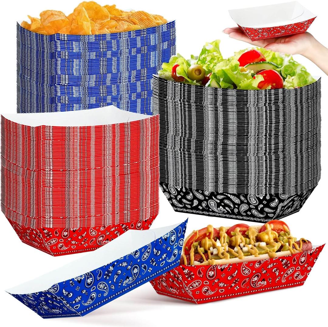 Gejoy 120 Pcs Western Party Plates 1 lb Cowboy Plates Bulk Bandana Paper Food Trays for Rodeo Cholo Party 250th Anniversary Decorations(Red Blue Black)