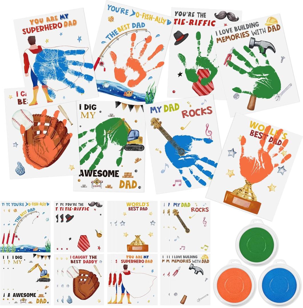 Cinrobiye 24set Fathers Day Crafts Fathers Day Handprint Craft DIY Kit Happy Fathers Day Hand Print Kits Greeting Cards with 3 Pcs Large Ink Pads for Family School Classroom Fun Activities Party