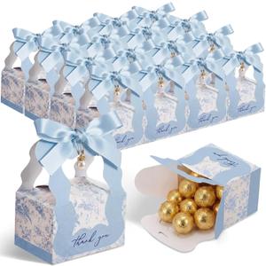 ForraFun 50 Sets Floral Wedding Favor Boxes with Pearl Pendant Bow Ribbon Floral Wedding Party Candy Boxes Bridal Gift for Guests Bridal Shower Birthday Party Anniversary Supplies(Blue)
