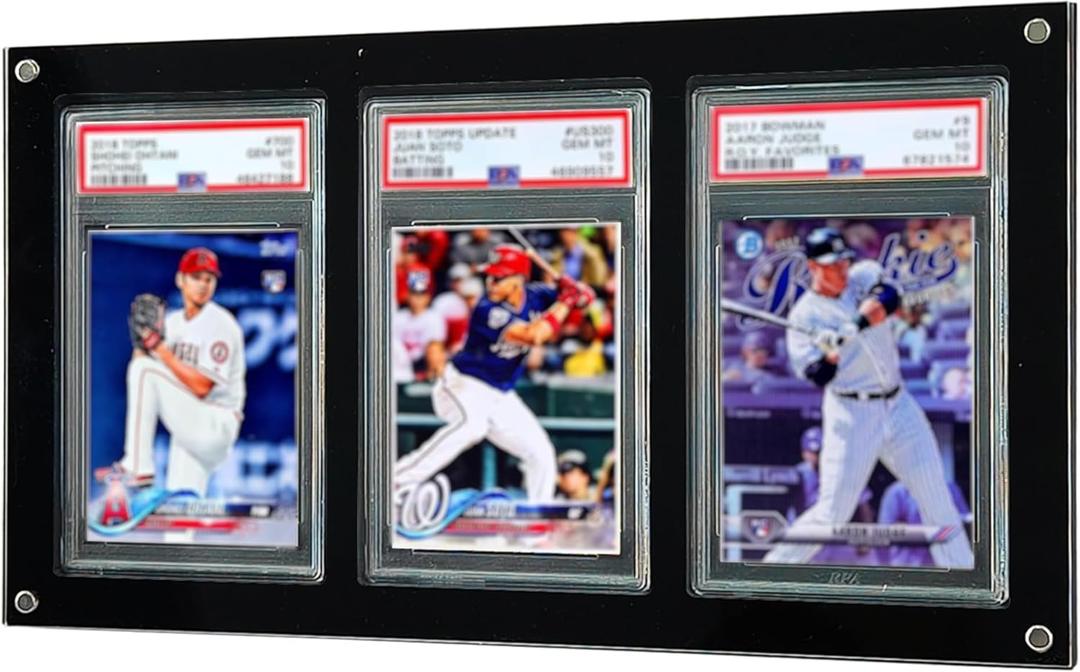 Acrylic Graded Card Display Frame for Collection - 3-Slot PSA Slab Display Case - Wall Mount & Desktop Holder Compatible with Pokemon & Sports Cards - Black & Clear (1 Pack)