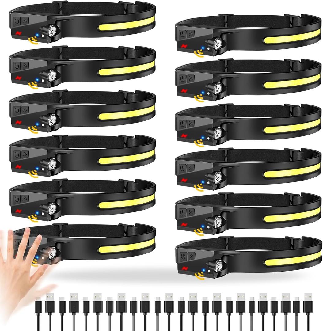 Bud K 12pack Headlamp Rechargeable, 1000 Lumen Headlamps for Adults, 230 Angles Wide Beam Headlamp & Spotlight, Motion Sensor, 6 Modes, Lightweight Head Lamps for Camping Running Cycling (12)