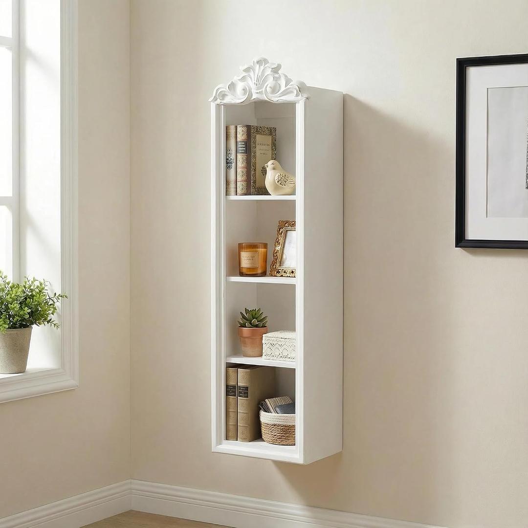 SOFE Vintage White Wall Mount Cabinet 4 Tier with Ornate Crown Top, 32 Inches Tall Small Bookcase, Hanging Rectangular Storage Unit for Living Room, Bathroom