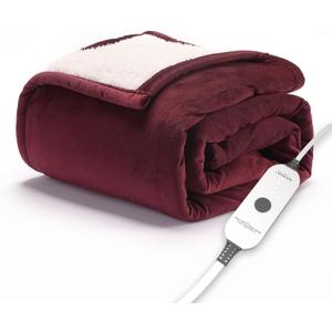 Sunbeam Royal Mink Sherpa Cabernet Heated Personal Throw / Blanket, Cozy-Warm, Adjustable Heat Settings