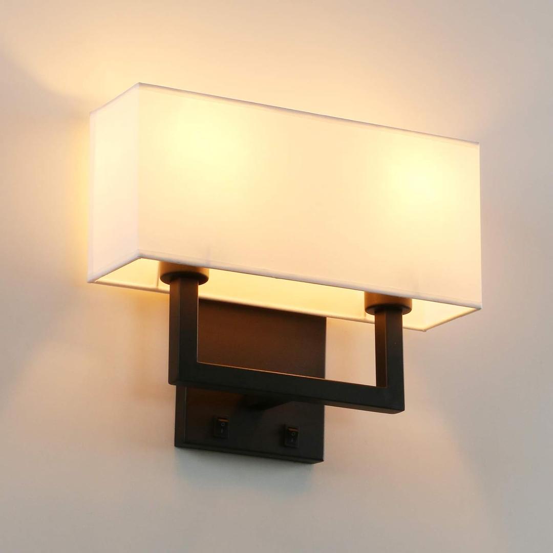 PERMO Wall Sconces Black Finish Double Sconce with White Textile Shades and On/Off Switch Button Wall Light Fixture for Living Room Bedroom Bedside Nightstand Light