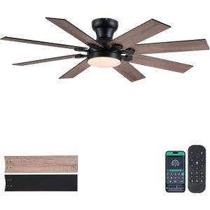 52" Low Profile Ceiling Fans with Lights and Remote, Modern Outdoor Ceiling Fans with 3 Colors 6 Speeds, Flush Mount Ceiling Fan Light with Reversible DC Motor