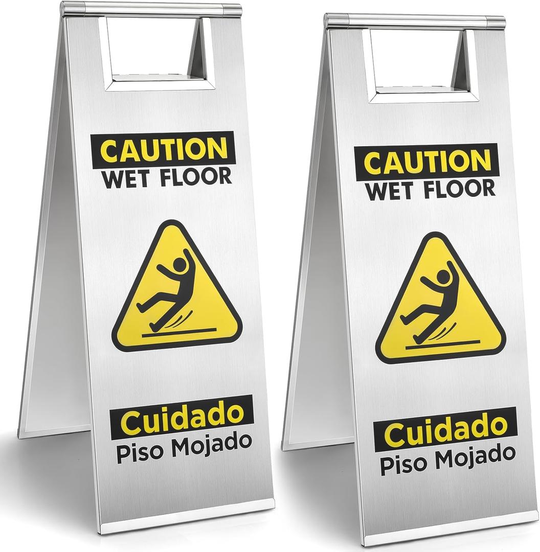 2 Pack Wet Floor Sign, 24 Inch Standard Stainless Steel Caution Wet Floor Sign, Double Sided Bilingual Caution Sign for Business, Hotel, Restaurant, Silver
