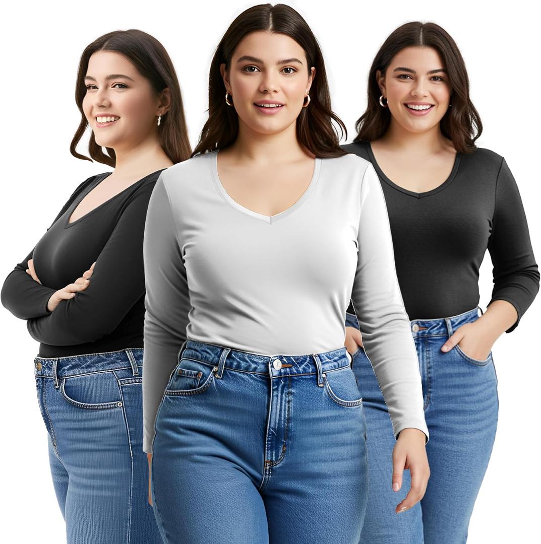 Emmalise Women's Junior and Plus Size Vneck Tshirt Long Sleeves Shirt Tee (Black, M)